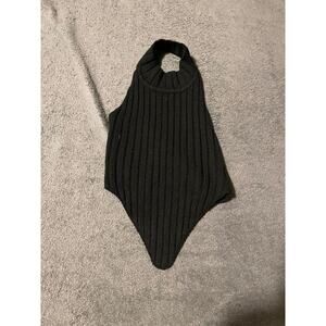 Fashion Nova Bodysuit Womens L Black Ribbed Mock Neck Thong Knit Stretch Top